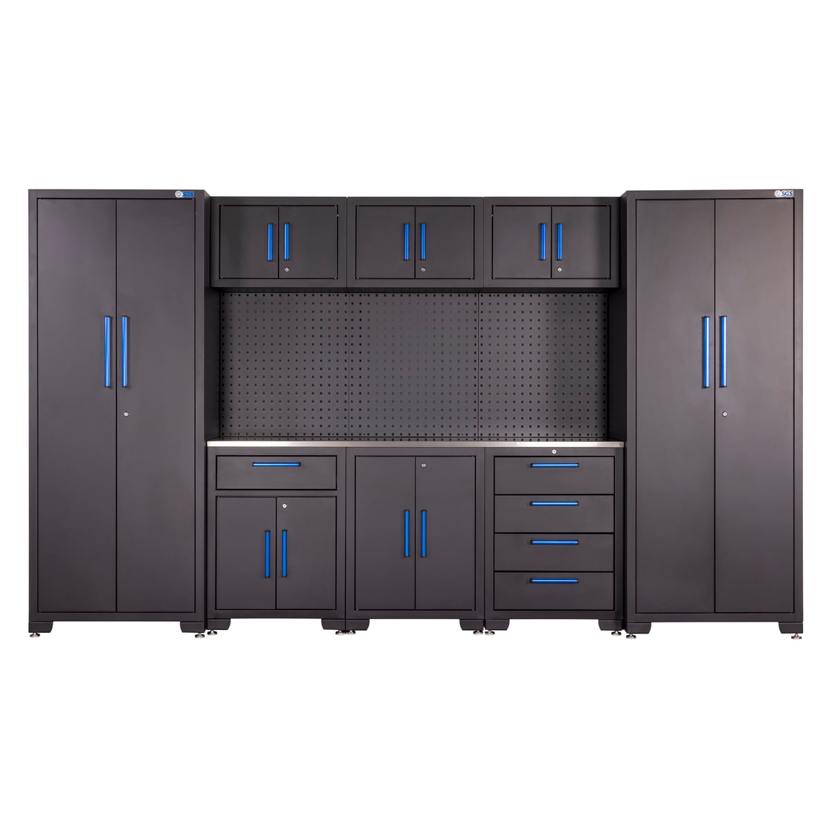 SGS 9pc Garage Storage System with Pegboard | Stainless Steel Worktop | 3x Floor Cabinets | 3x Upper Cabinets | 2x Tall Double Side Cabinets